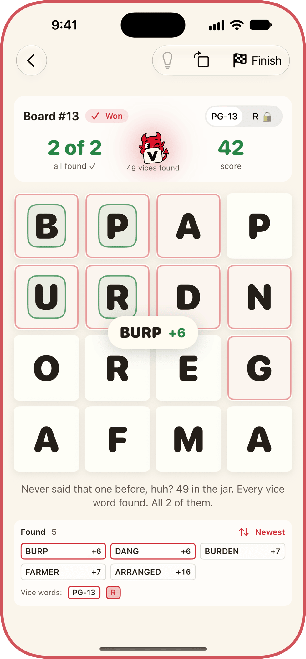 Daily board number 13 in Word Vice: a four-by-four grid of letters with BURP just found for six points, both vice words found, and 49 vices in the jar.