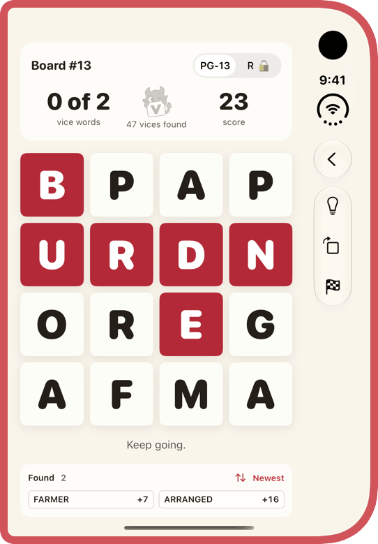 Word Vice on a folded iPhone Duo: the daily board with a word swiped across it and the toolbar down the side.