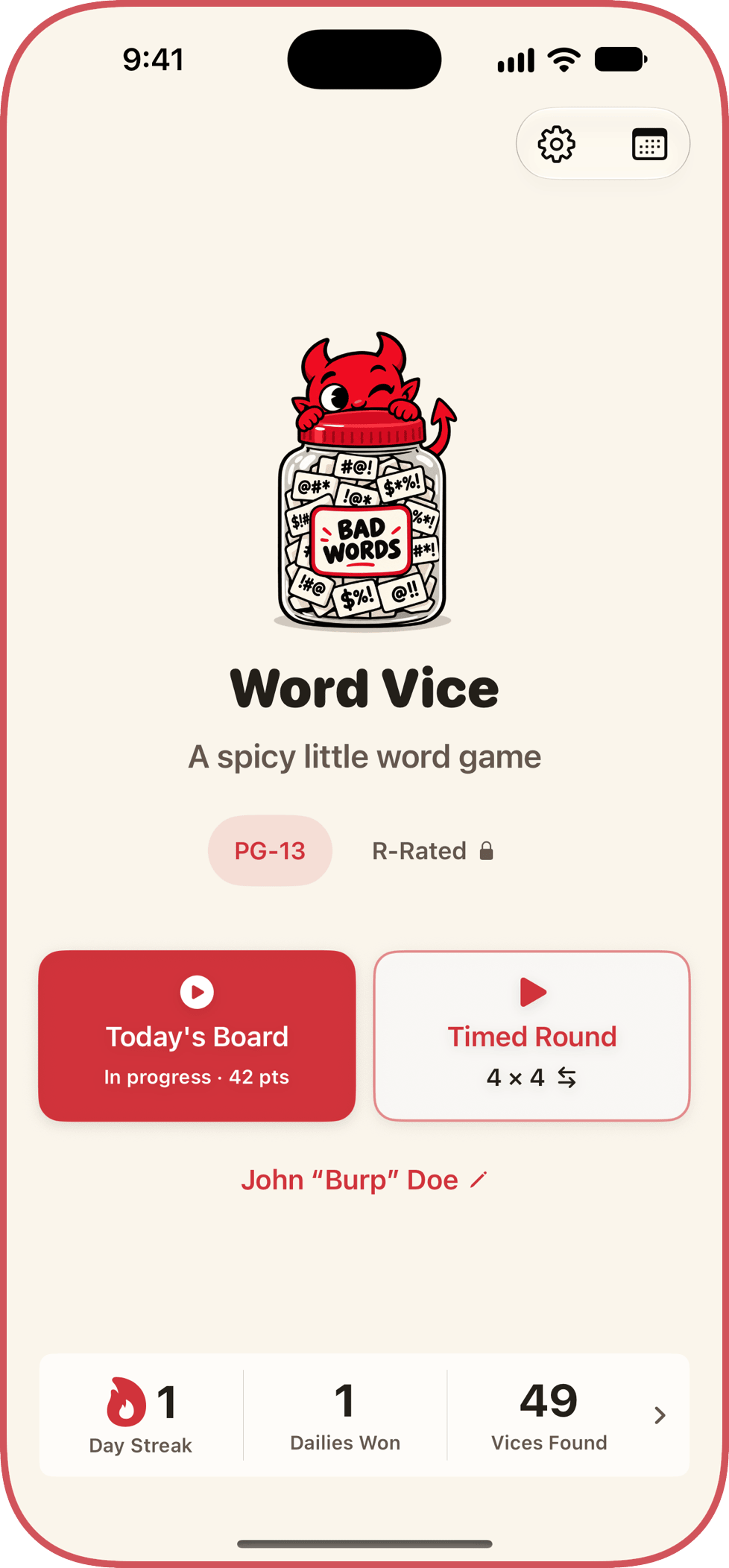 The Word Vice home screen: the devil peeking out of a jar of bad words, the PG-13 and R-Rated picker, buttons for Today’s Board and a Timed Round, and a one-day streak.