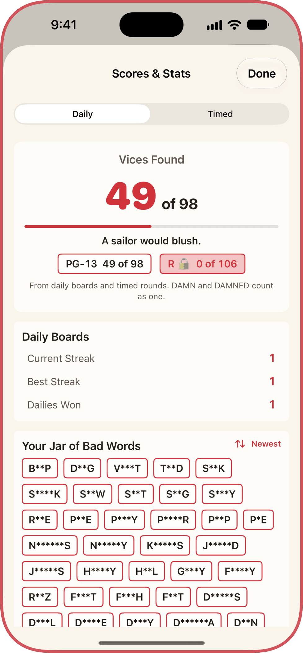 The jar screen: 49 of 98 vices found, rated ‘A sailor would blush’, with each found word shown censored.