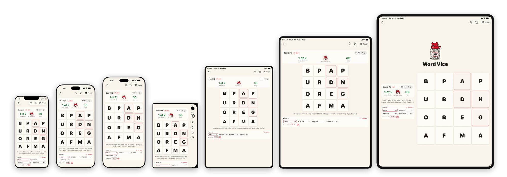 Word Vice on seven devices in a row, smallest to largest: iPhone mini, iPhone, iPhone Pro Max, a folded iPhone Duo, iPad mini, iPad Air, and iPad Pro.