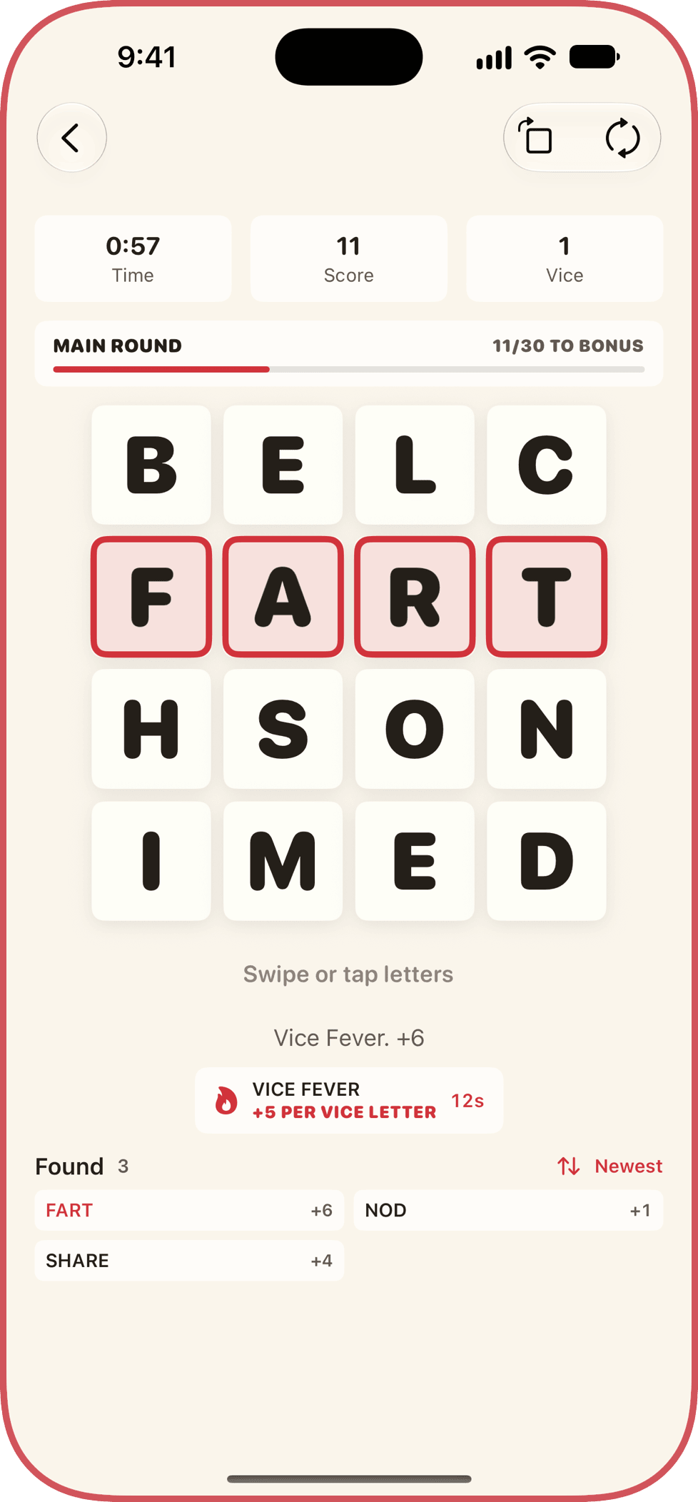 A timed round with fifty-seven seconds left: FART highlighted on the board and Vice Fever paying five extra points per vice letter.